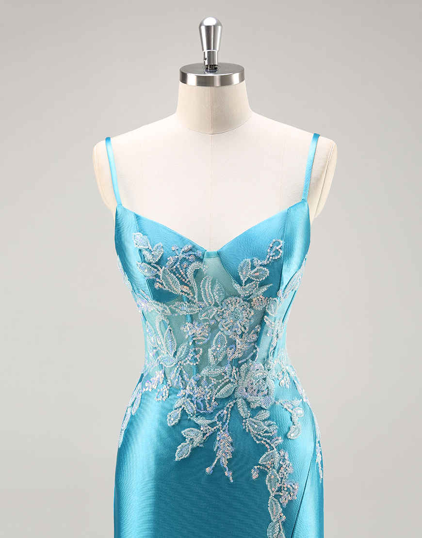 Blue Corset Satin Mermaid Appliqued Long Prom Dress with Slit