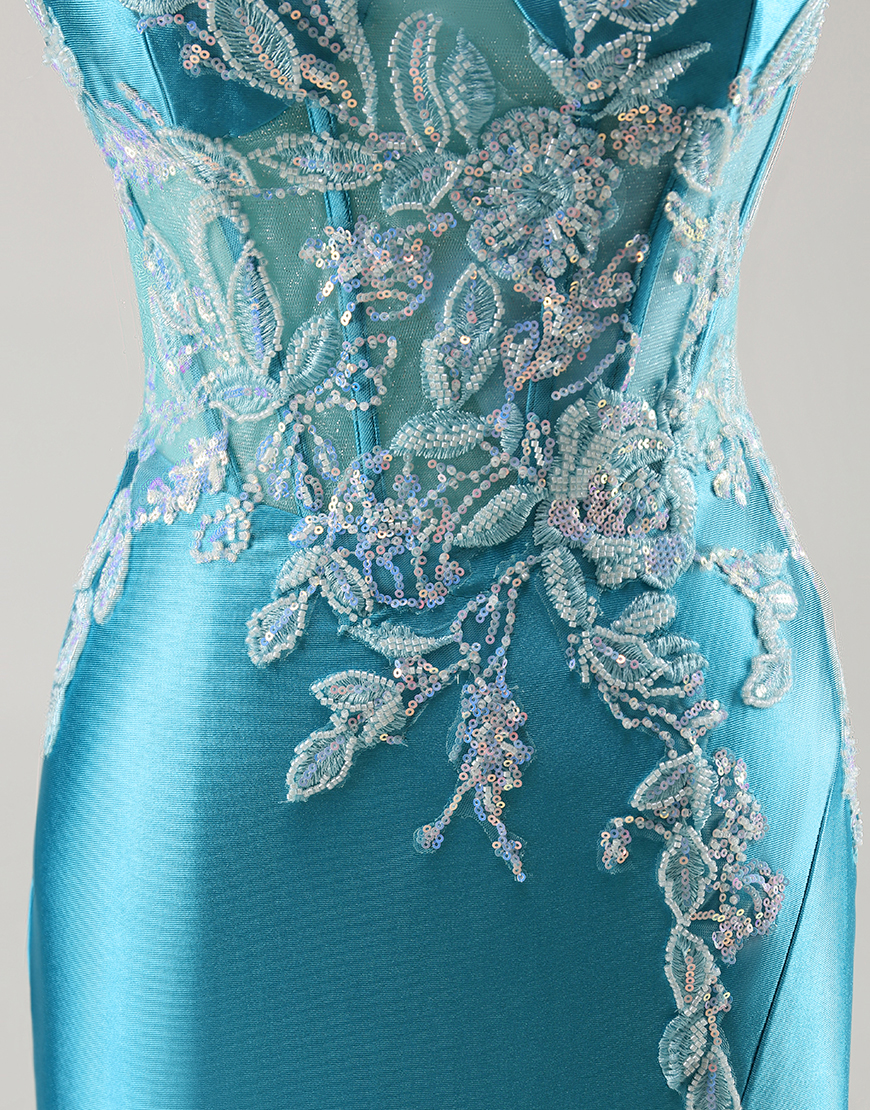 Blue Corset Satin Mermaid Appliqued Long Prom Dress with Slit