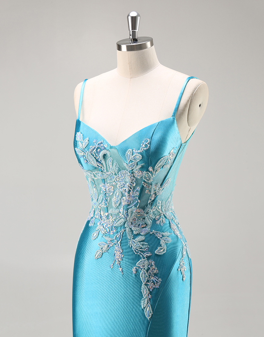 Blue Corset Satin Mermaid Appliqued Long Prom Dress with Slit