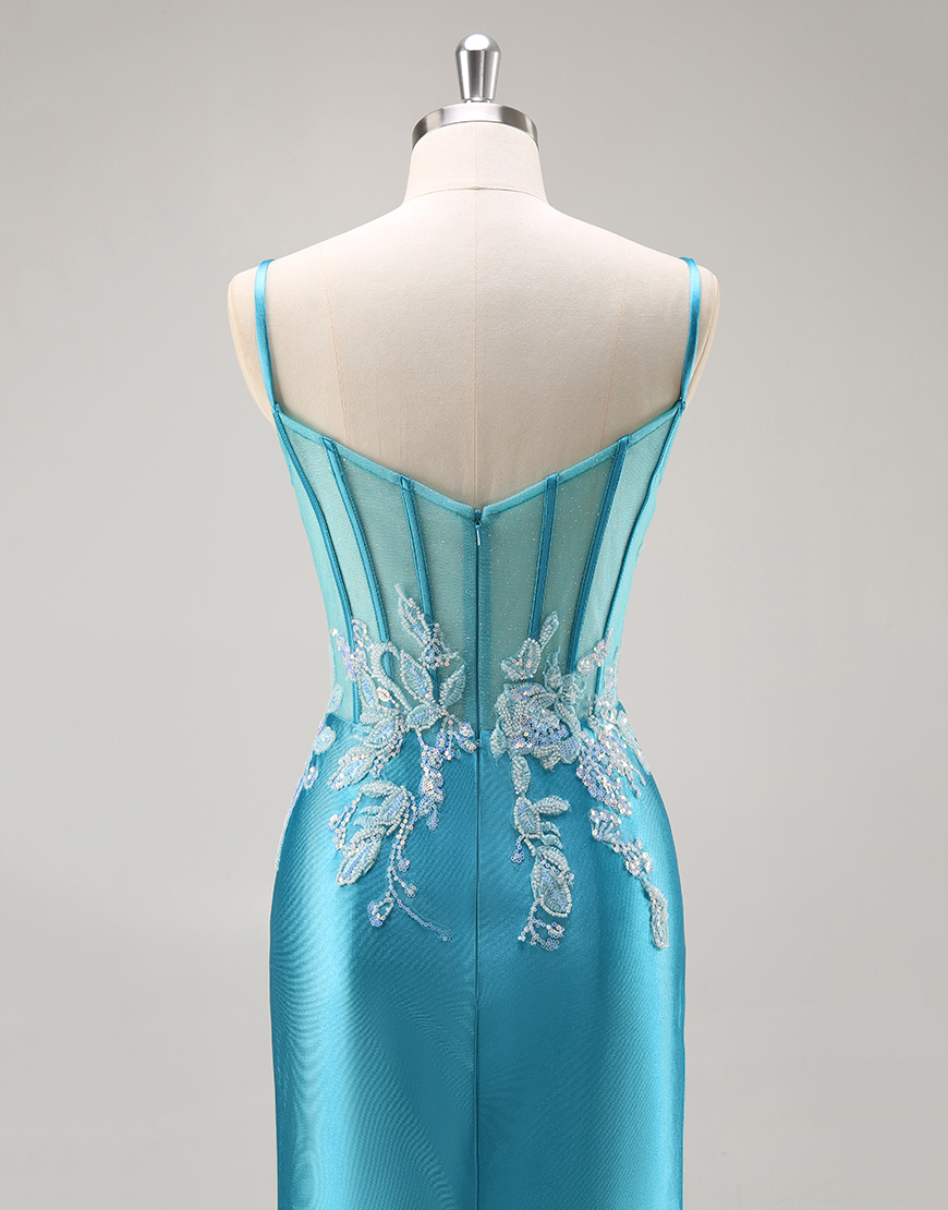 Blue Corset Satin Mermaid Appliqued Long Prom Dress with Slit