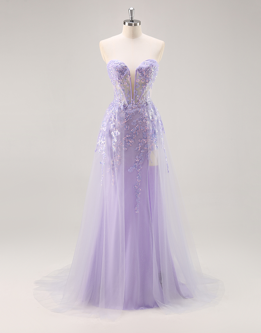 Sparkly Lilac Corset Tulle Strapless Long Prom Dress with Appliques