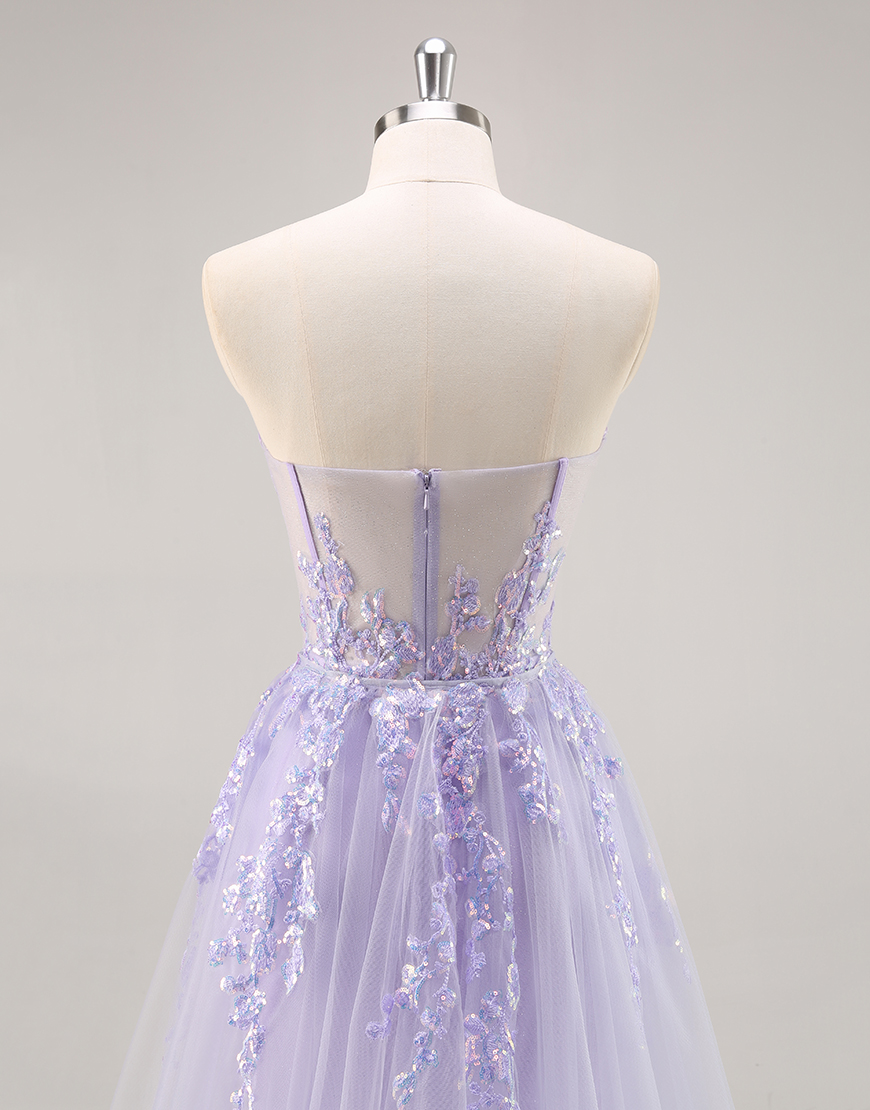 Sparkly Lilac Corset Tulle Strapless Long Prom Dress with Appliques