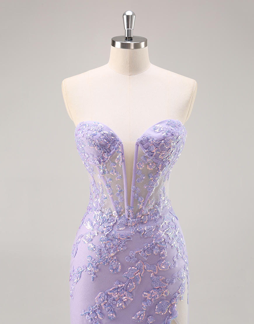 Sparkly Lilac Corset Tulle Strapless Long Prom Dress with Appliques
