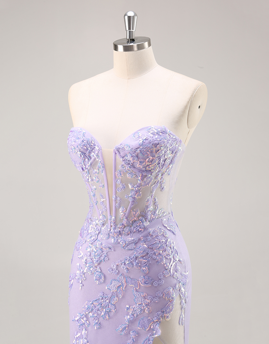Sparkly Lilac Corset Tulle Strapless Long Prom Dress with Appliques