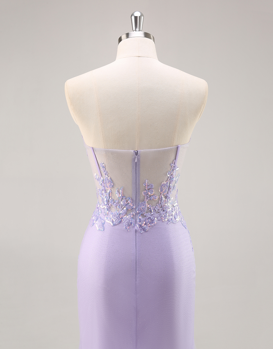 Sparkly Lilac Corset Tulle Strapless Long Prom Dress with Appliques
