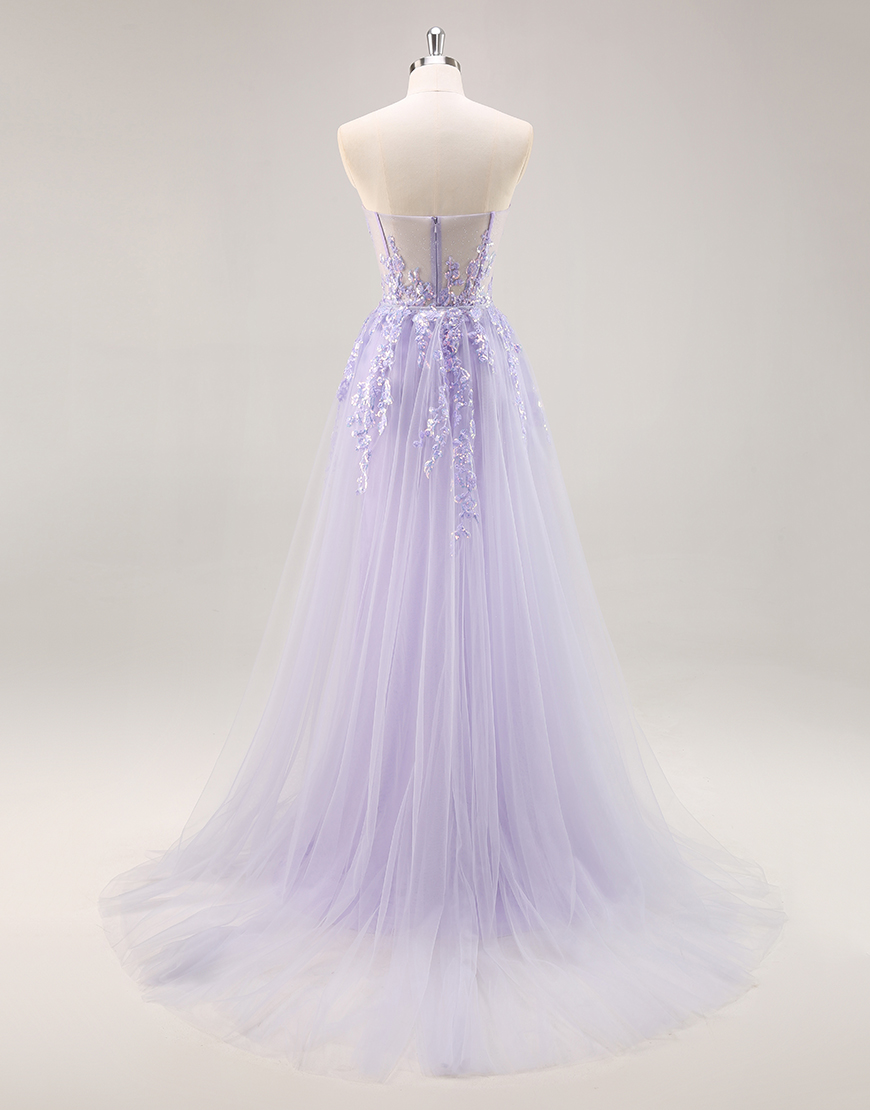Sparkly Lilac Corset Tulle Strapless Long Prom Dress with Appliques