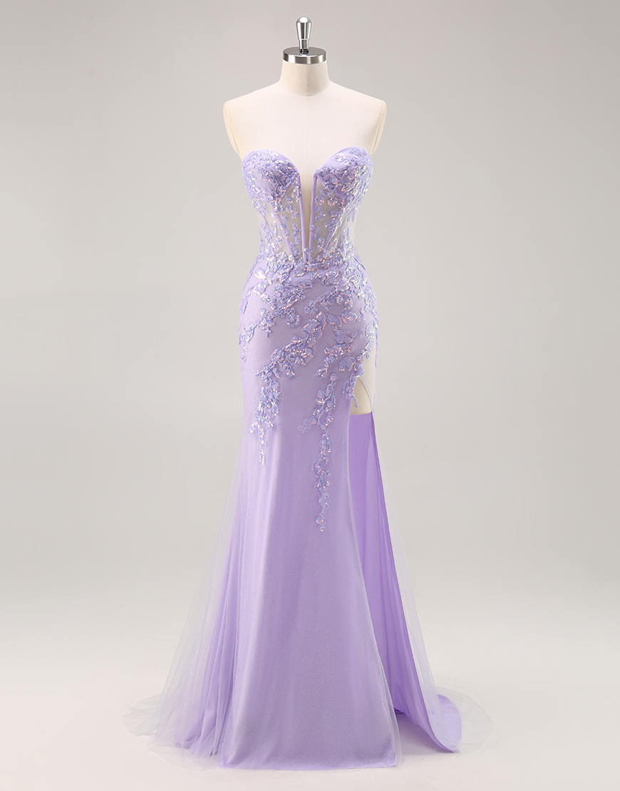 Sparkly Lilac Corset Tulle Strapless Long Prom Dress with Appliques