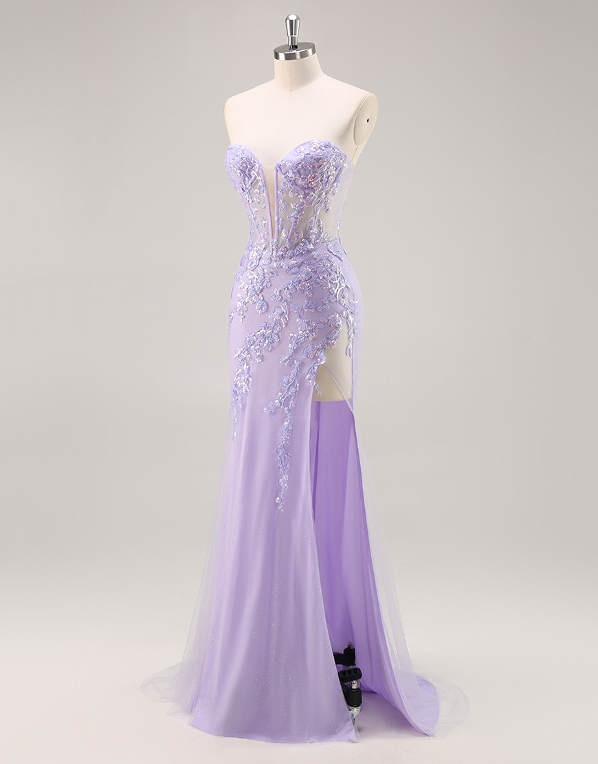 Sparkly Lilac Corset Tulle Strapless Long Prom Dress with Appliques