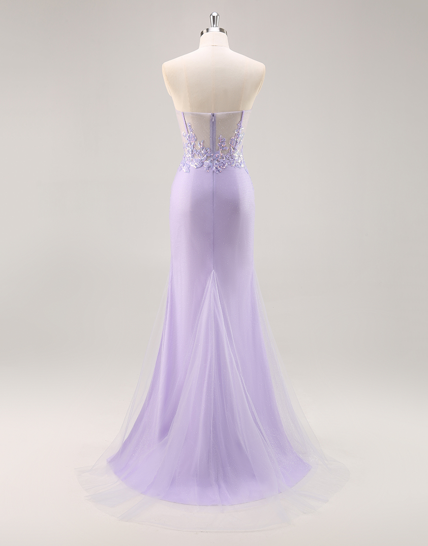 Sparkly Lilac Corset Tulle Strapless Long Prom Dress with Appliques