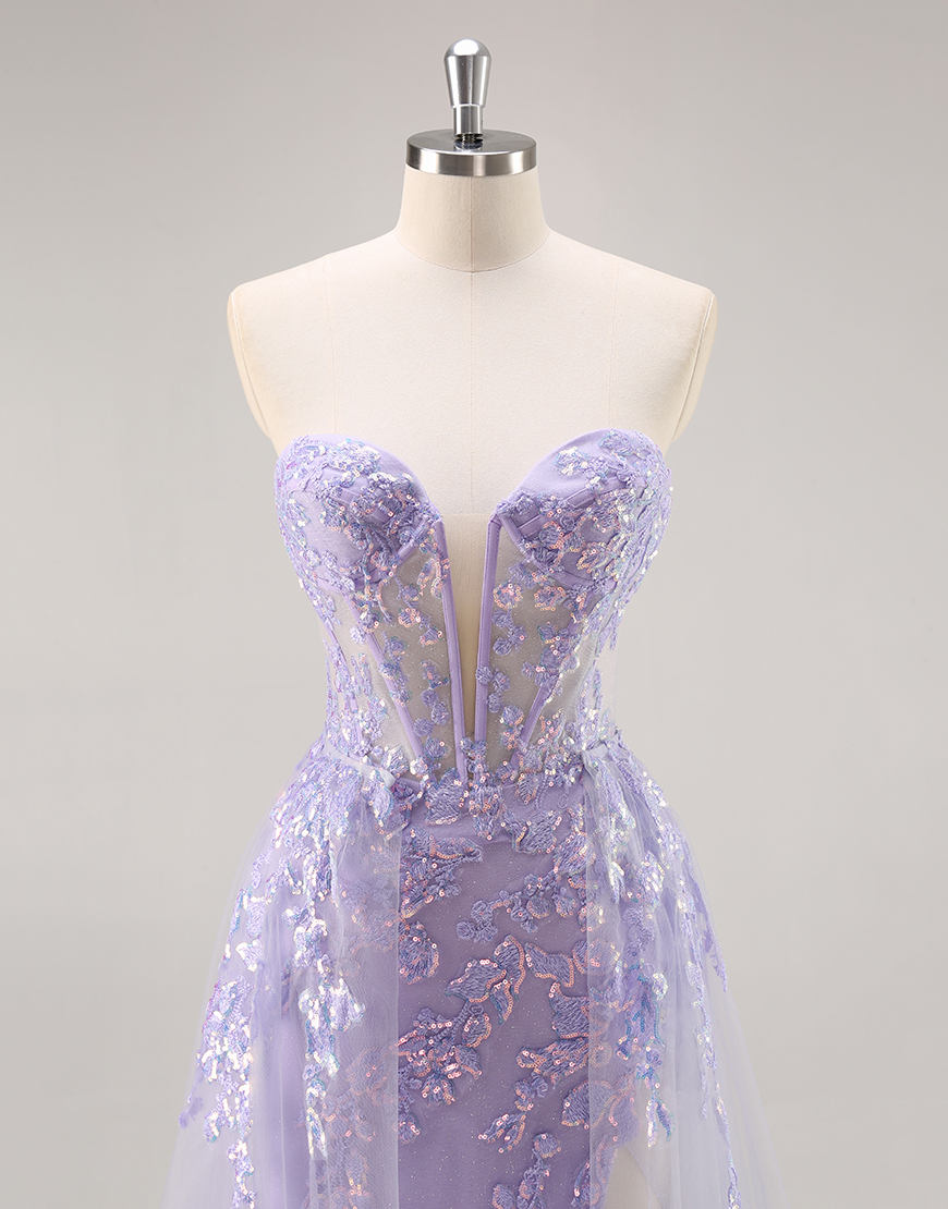 Sparkly Lilac Corset Tulle Strapless Long Prom Dress with Appliques