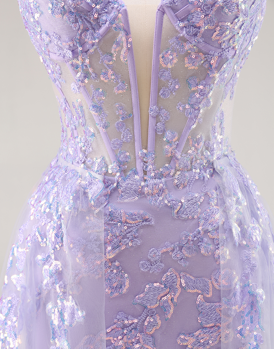 Sparkly Lilac Corset Tulle Strapless Long Prom Dress with Appliques