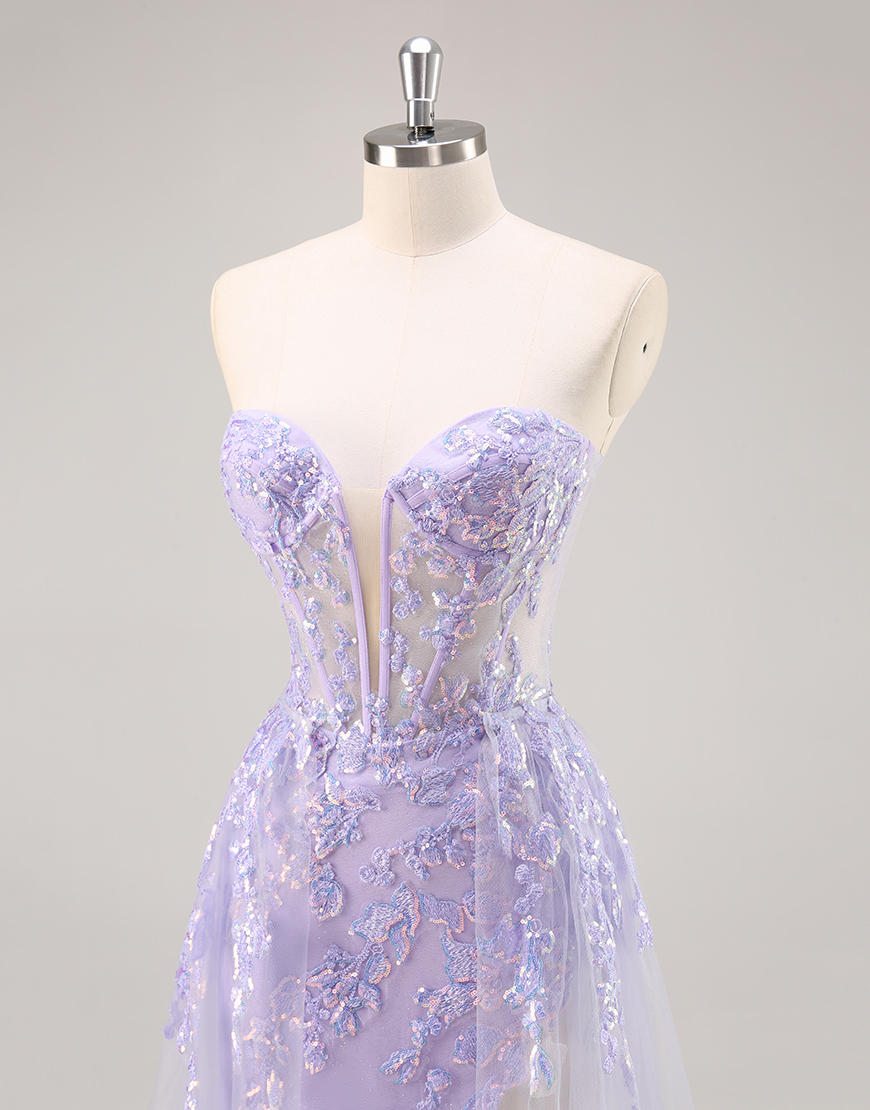 Sparkly Lilac Corset Tulle Strapless Long Prom Dress with Appliques