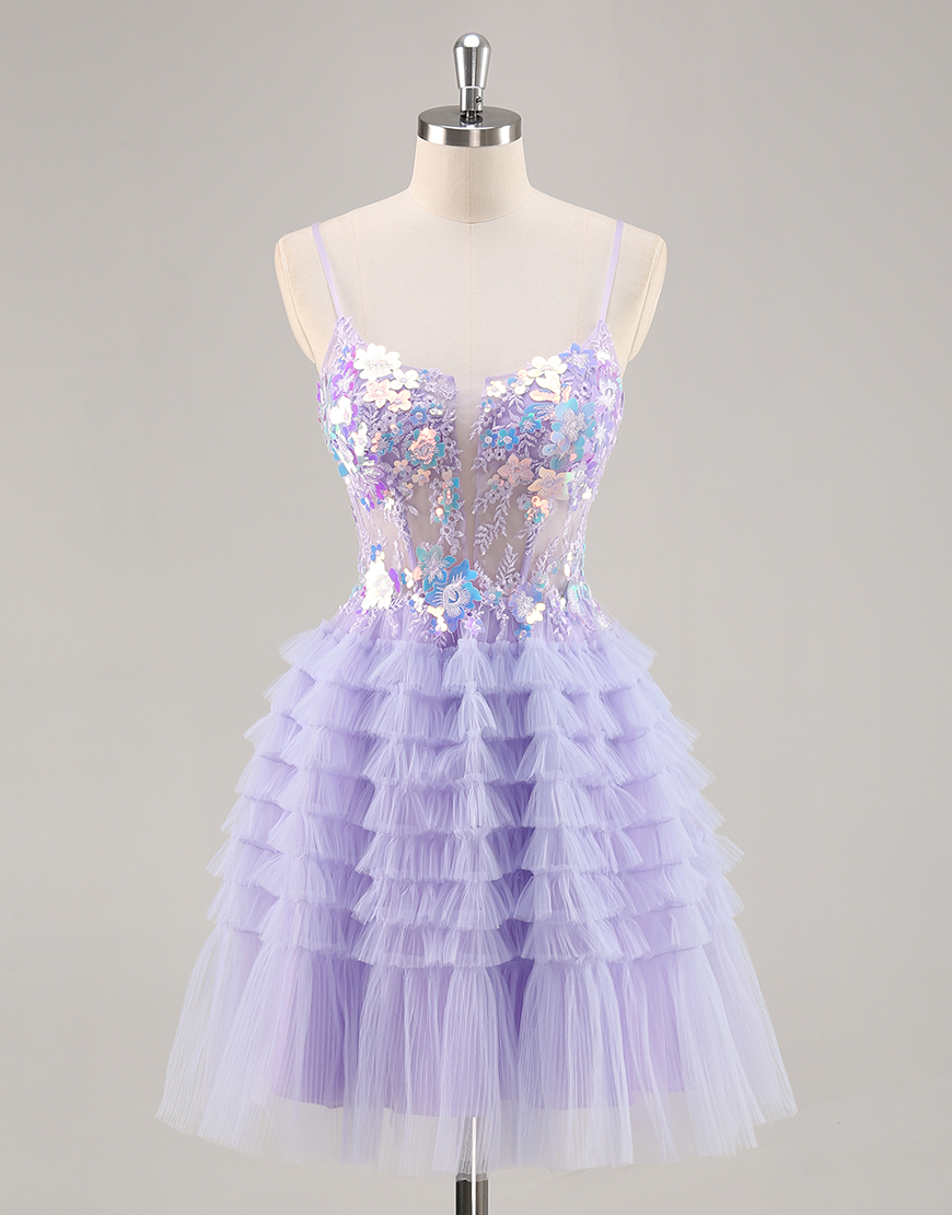 Sparkly Purple Floral Corset Appliqued Short Homecoming Dress with Ruffles