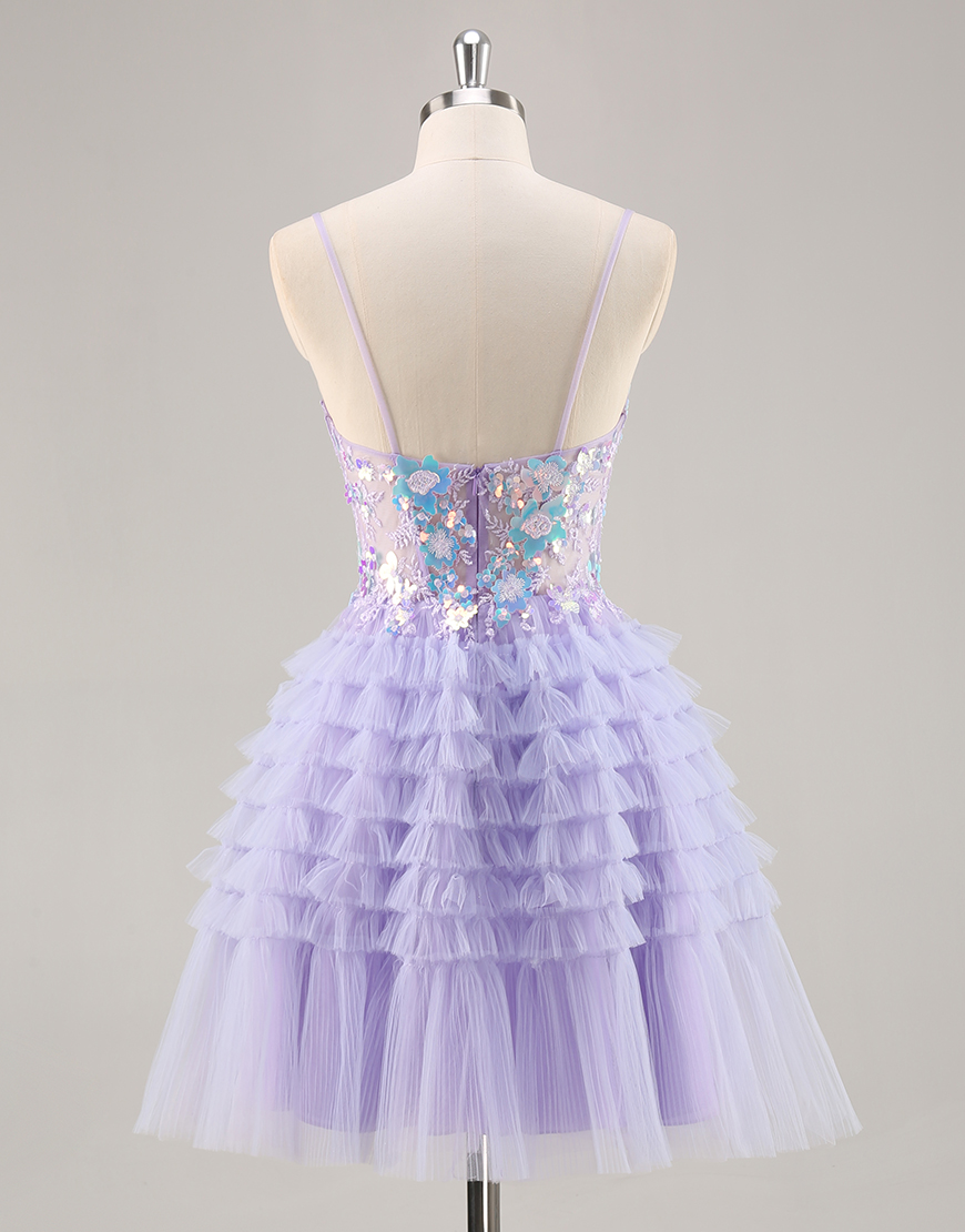 Sparkly Purple Floral Corset Appliqued Short Homecoming Dress with Ruffles
