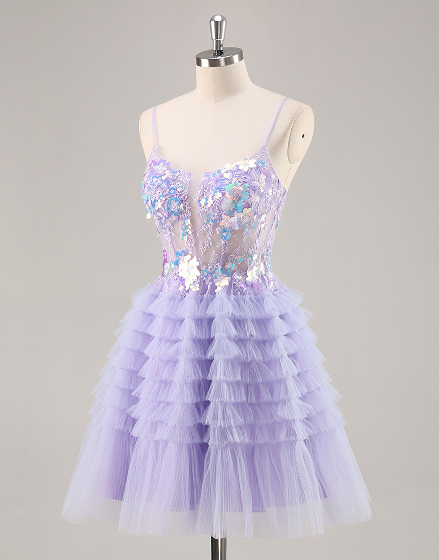 Sparkly Purple Floral Corset Appliqued Short Homecoming Dress with Ruffles