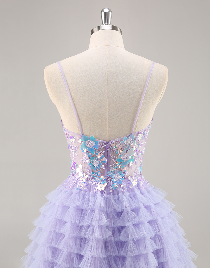 Sparkly Purple Floral Corset Appliqued Short Homecoming Dress with Ruffles