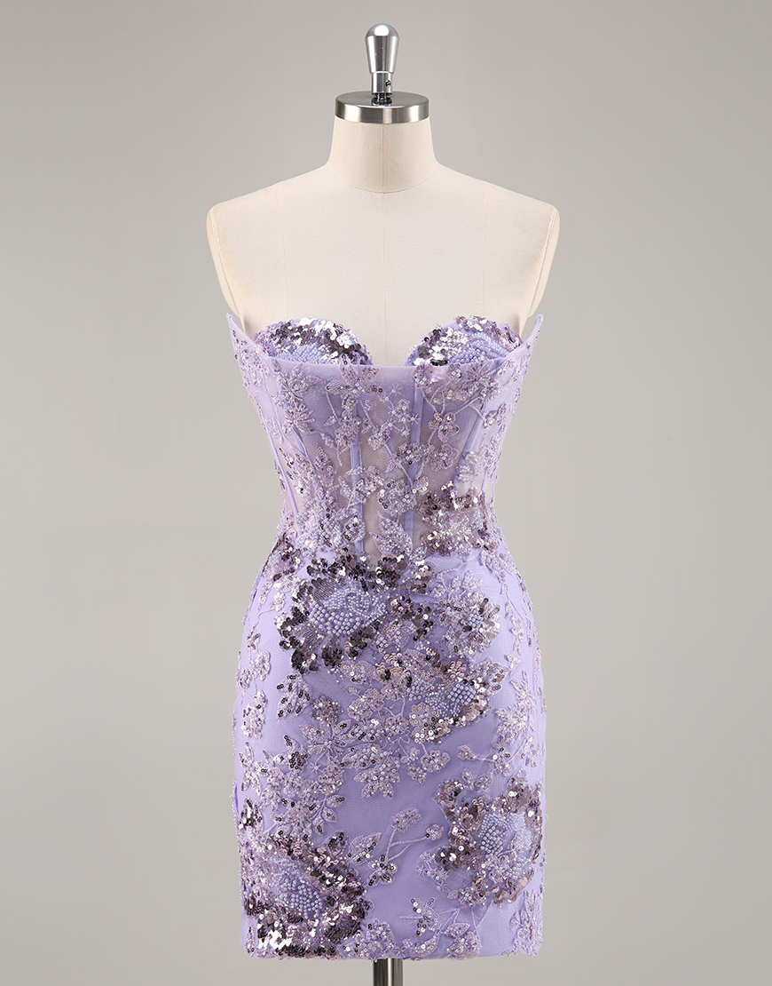 Sparkly Purple Sequin Floral Corset Short Homecoming Dress