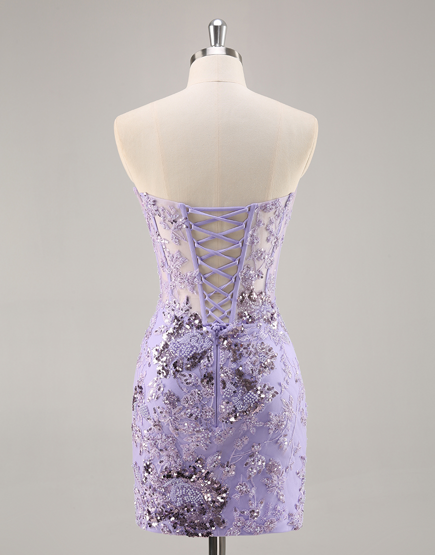 Sparkly Purple Sequin Floral Corset Short Homecoming Dress