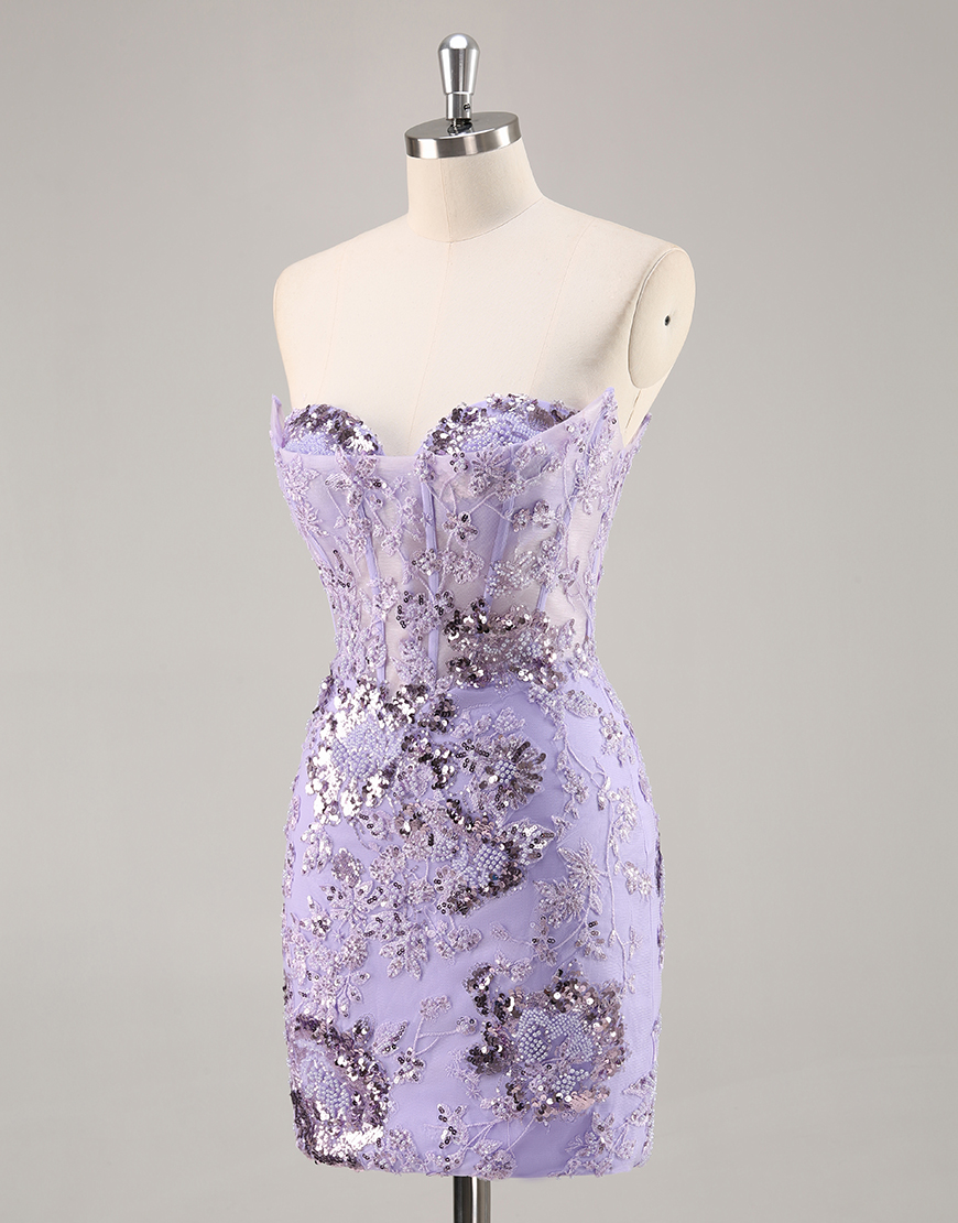 Sparkly Purple Sequin Floral Corset Short Homecoming Dress