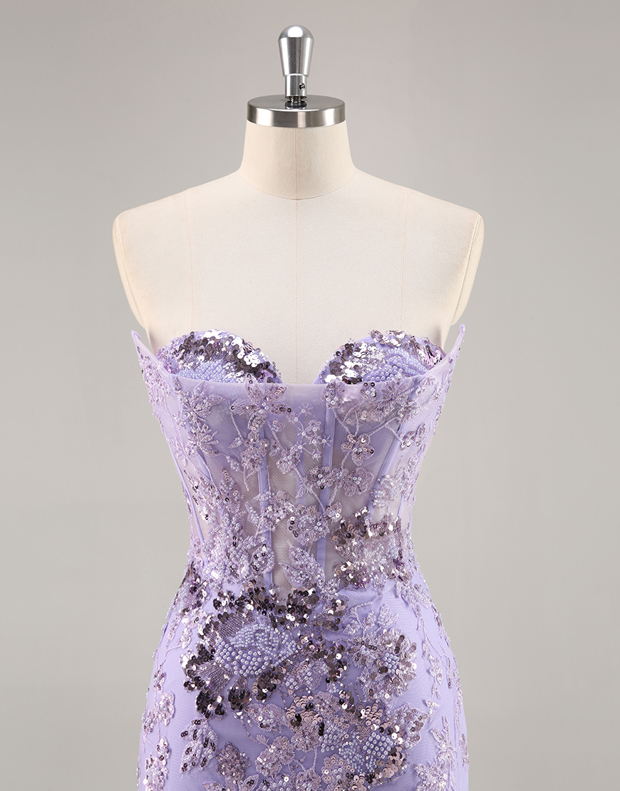 Sparkly Purple Sequin Floral Corset Short Homecoming Dress