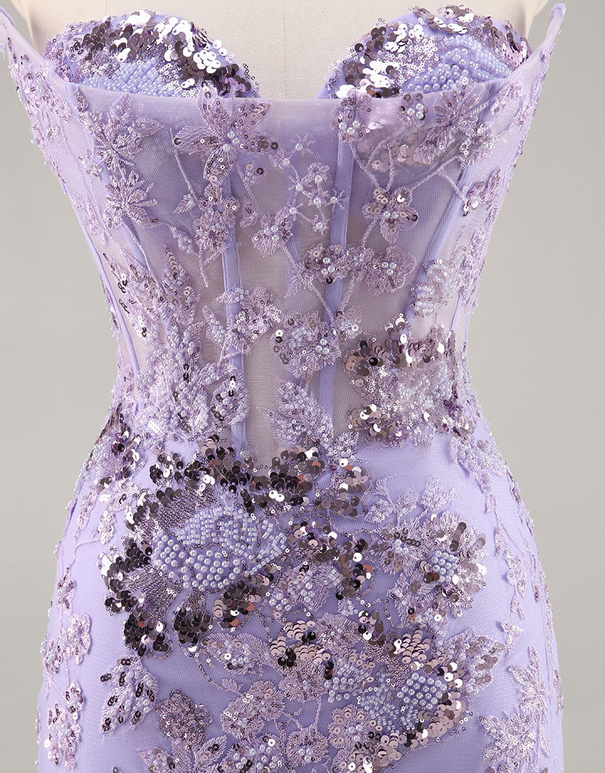 Sparkly Purple Sequin Floral Corset Short Homecoming Dress