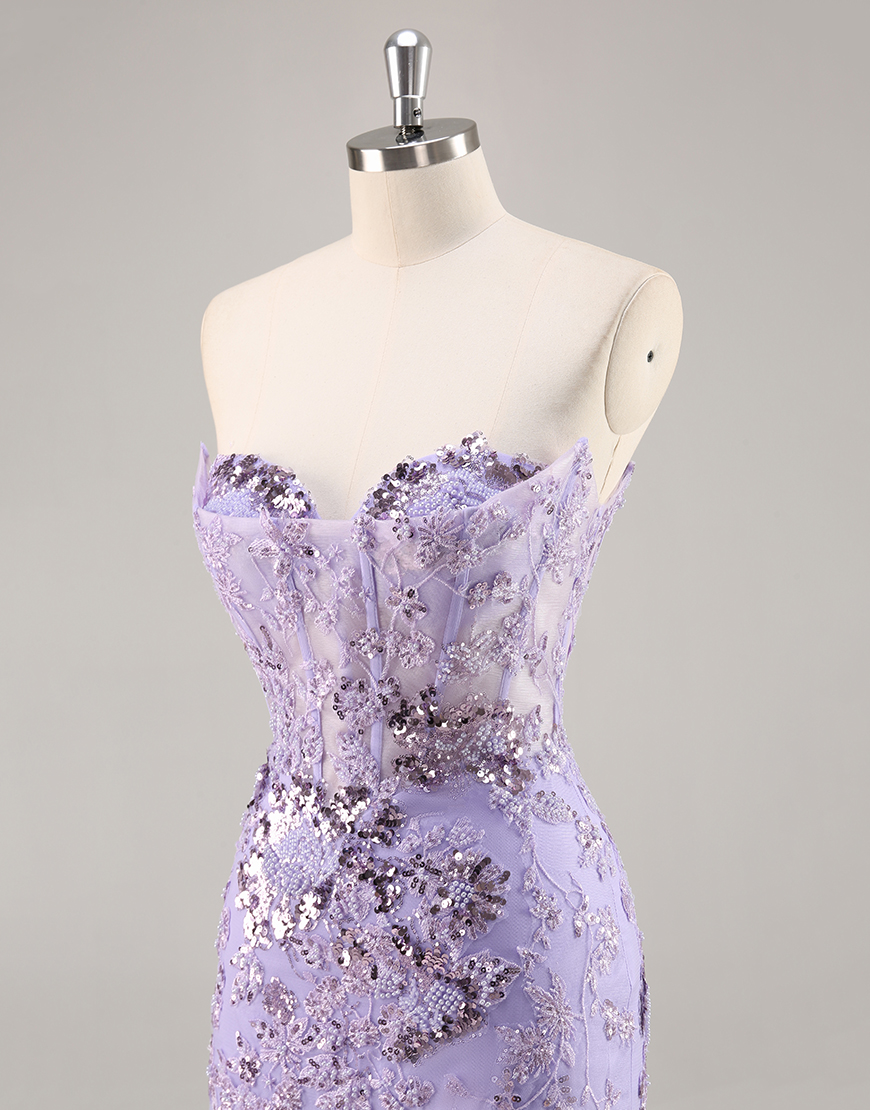 Sparkly Purple Sequin Floral Corset Short Homecoming Dress