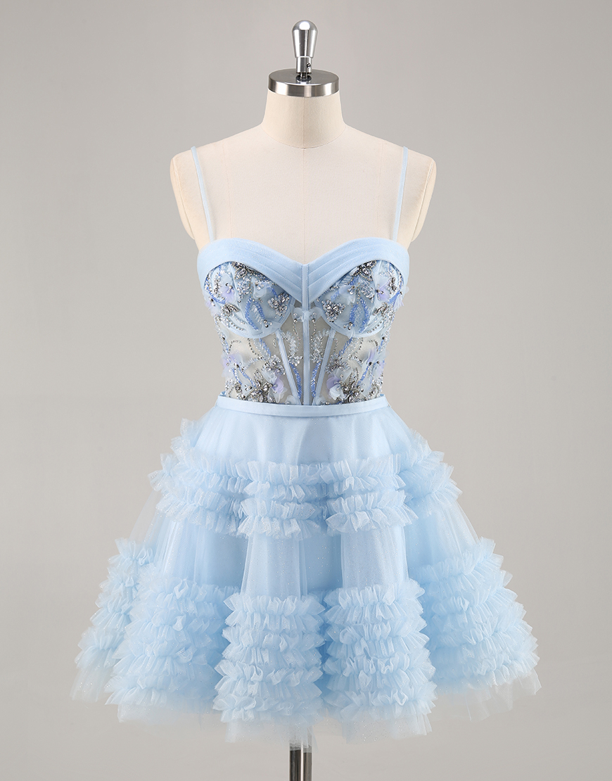Sparkly Blue Corset Ruffled Floral Short Homecoming Dress with Beading