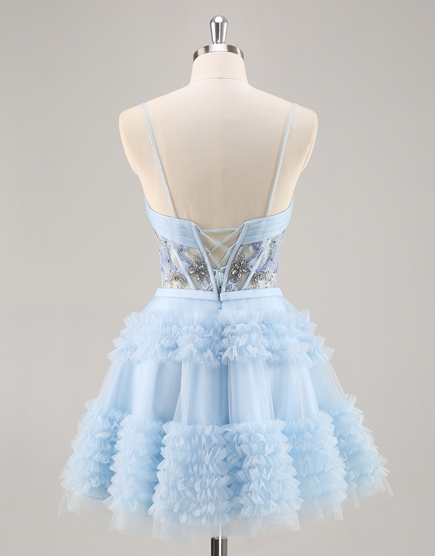 Sparkly Blue Corset Ruffled Floral Short Homecoming Dress with Beading