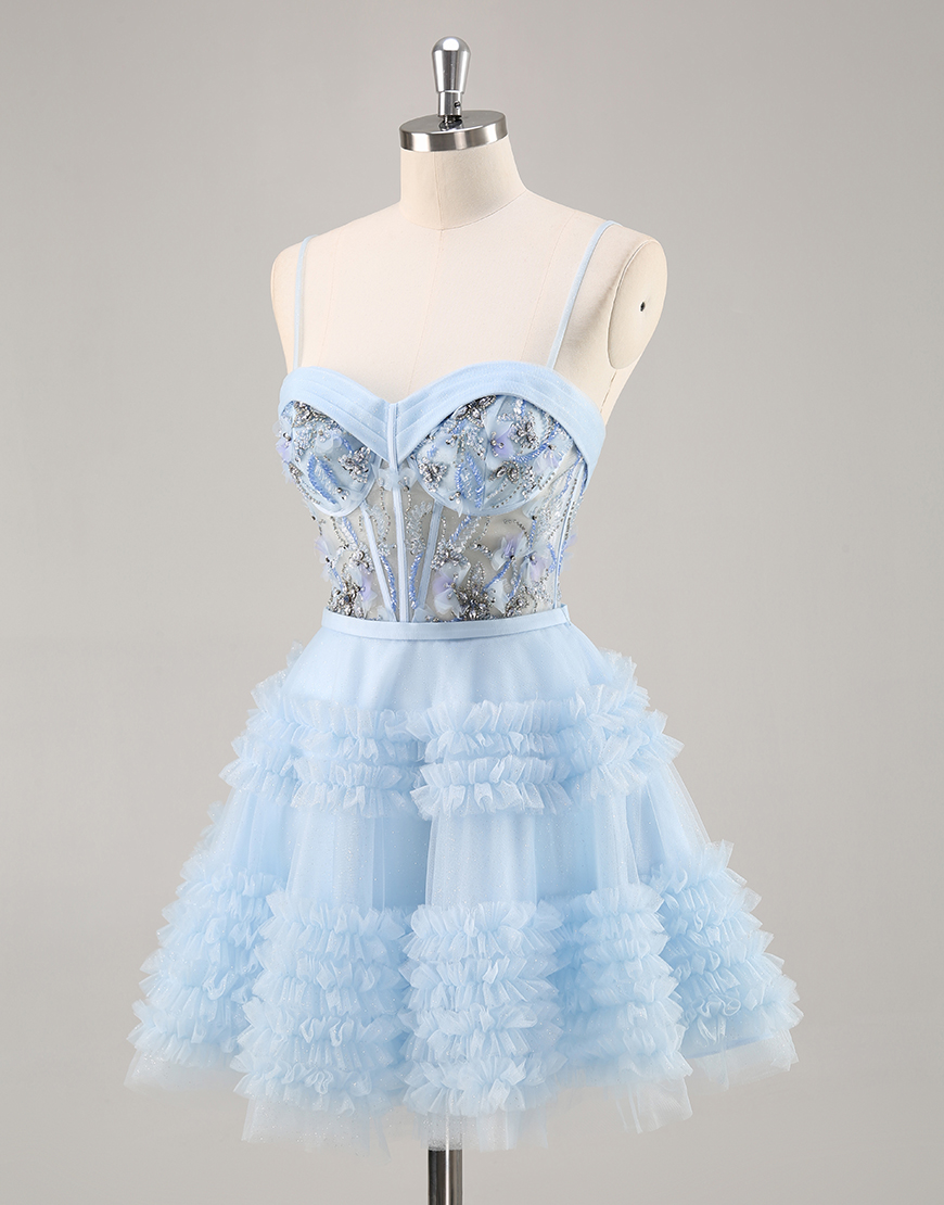 Sparkly Blue Corset Ruffled Floral Short Homecoming Dress with Beading