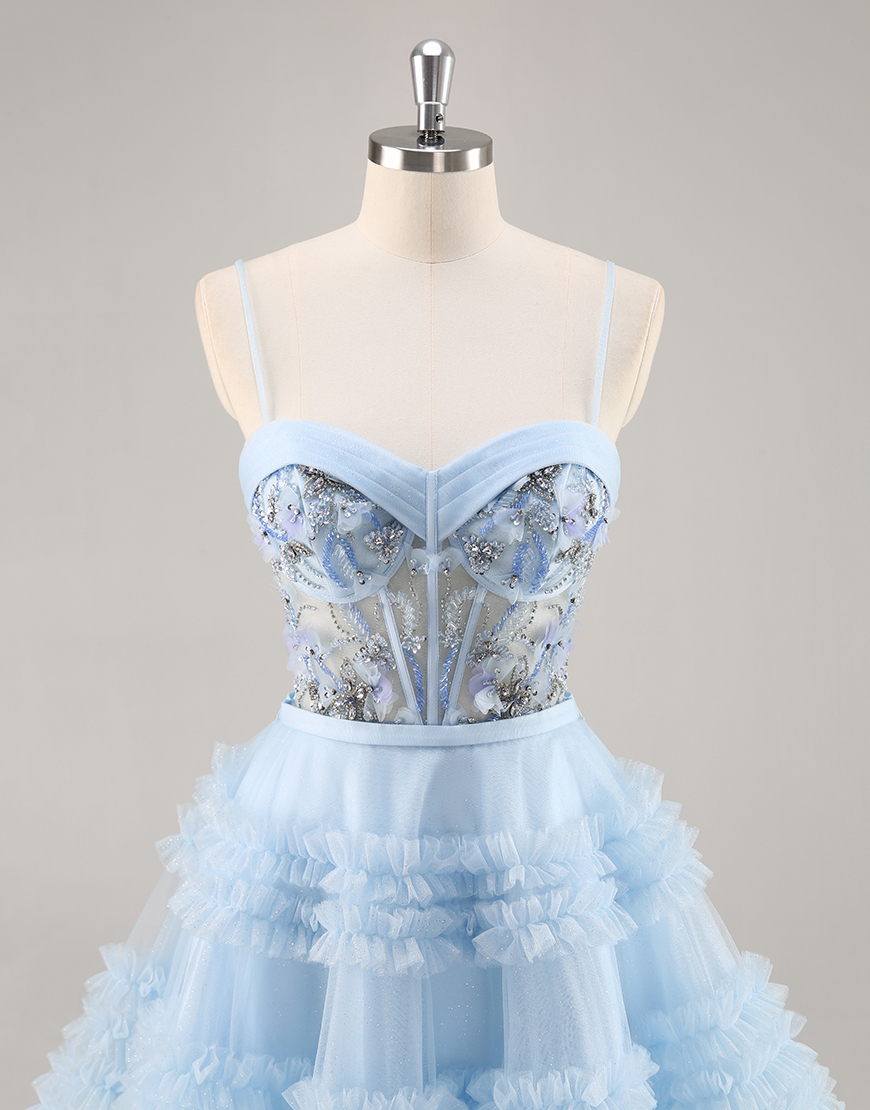 Sparkly Blue Corset Ruffled Floral Short Homecoming Dress with Beading