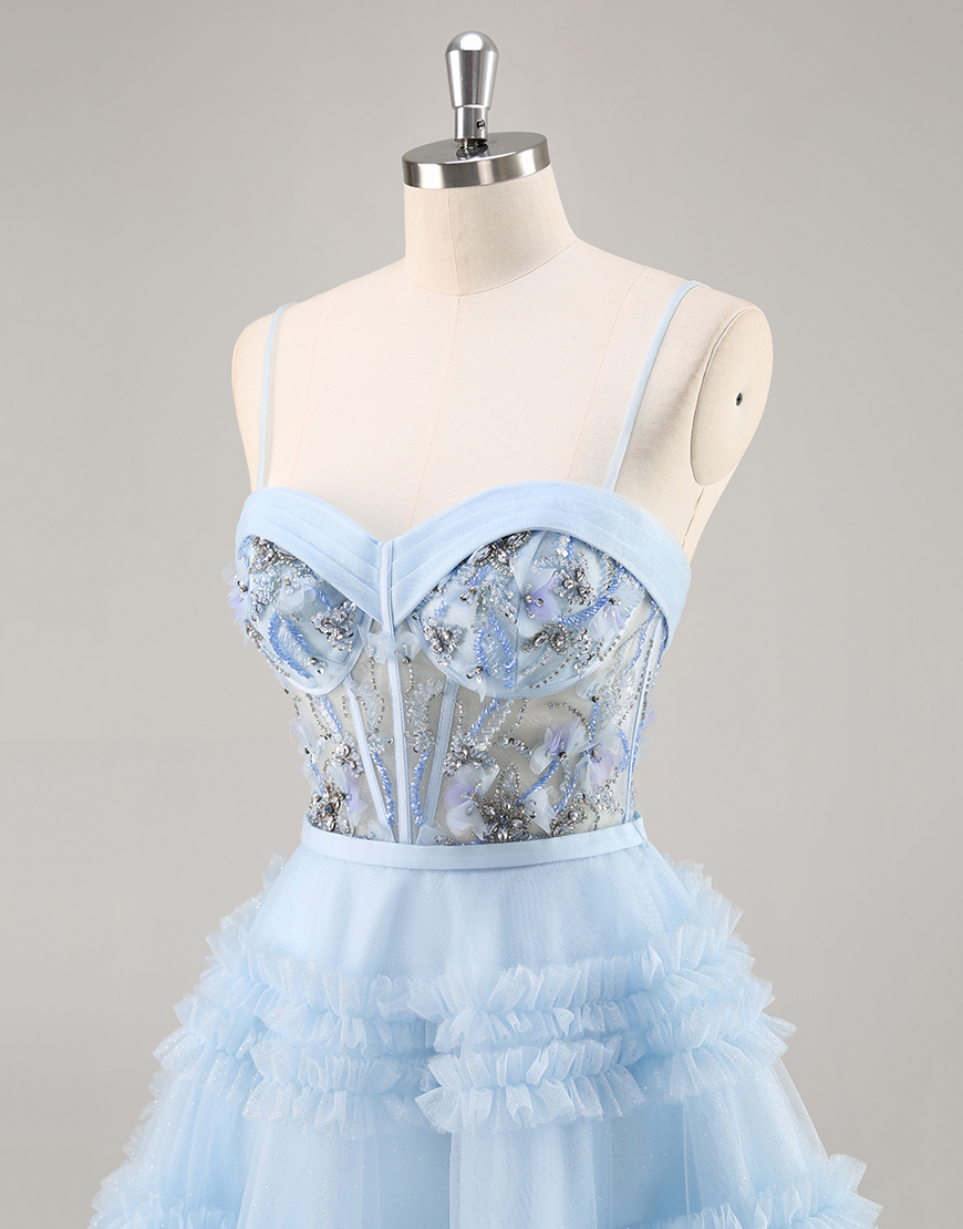 Sparkly Blue Corset Ruffled Floral Short Homecoming Dress with Beading