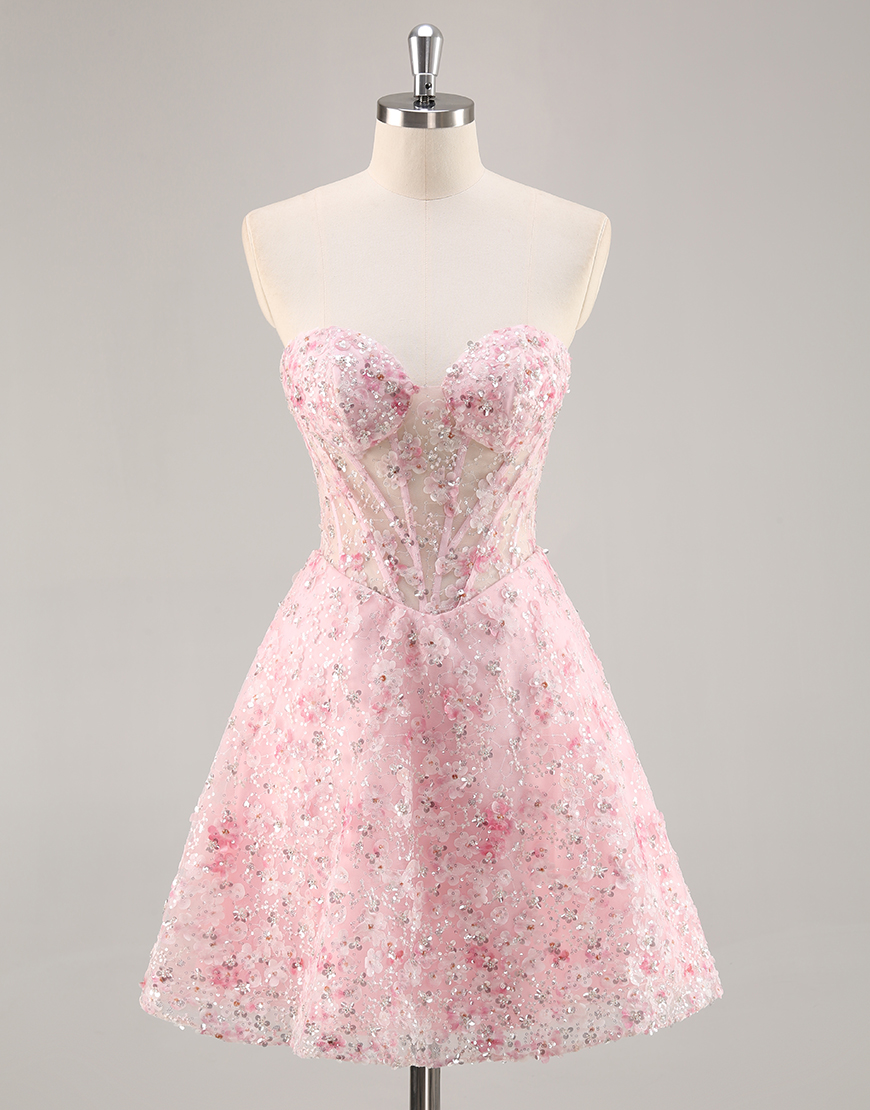 Sparkly Pink Corset Sweetheart Floral Short Homecoming Dress with Sequins