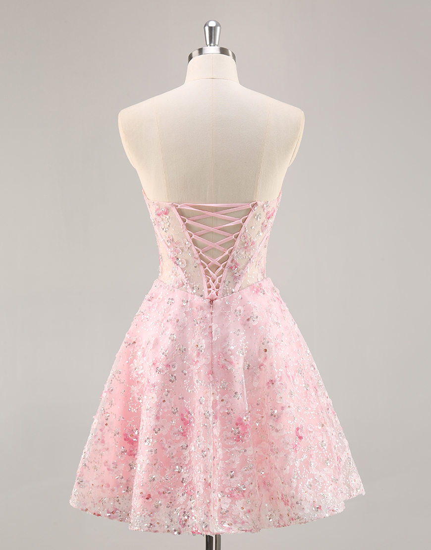 Sparkly Pink Corset Sweetheart Floral Short Homecoming Dress with Sequins