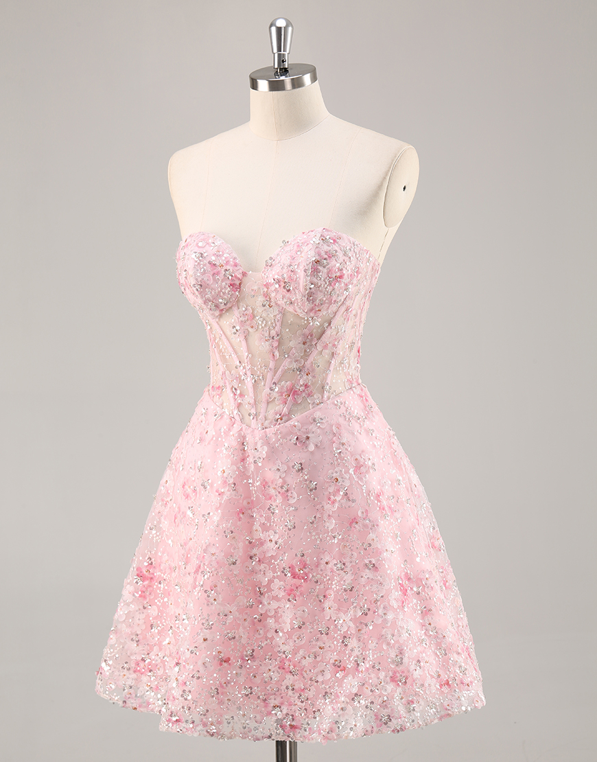 Sparkly Pink Corset Sweetheart Floral Short Homecoming Dress with Sequins
