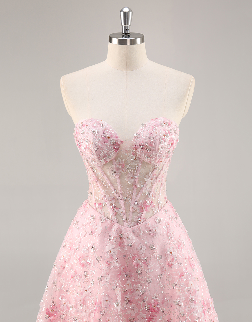 Sparkly Pink Corset Sweetheart Floral Short Homecoming Dress with Sequins
