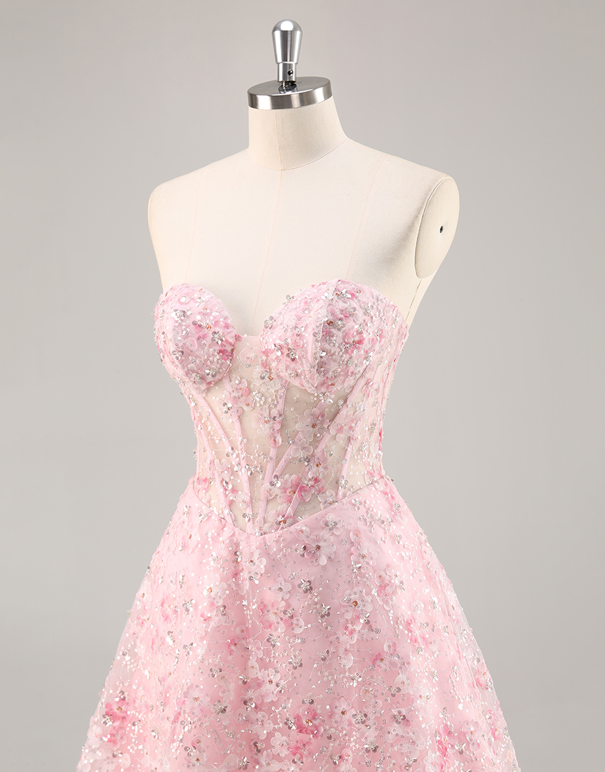 Sparkly Pink Corset Sweetheart Floral Short Homecoming Dress with Sequins