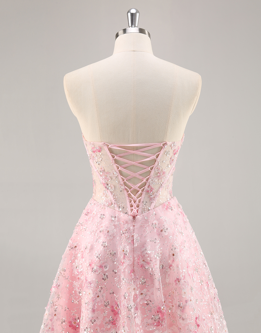 Sparkly Pink Corset Sweetheart Floral Short Homecoming Dress with Sequins