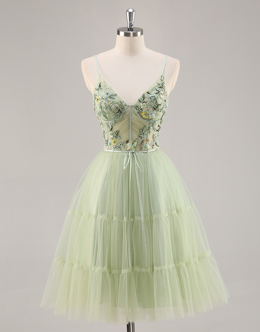 Green Floral Tulle Corset Short Homecoming Dress with Appliques