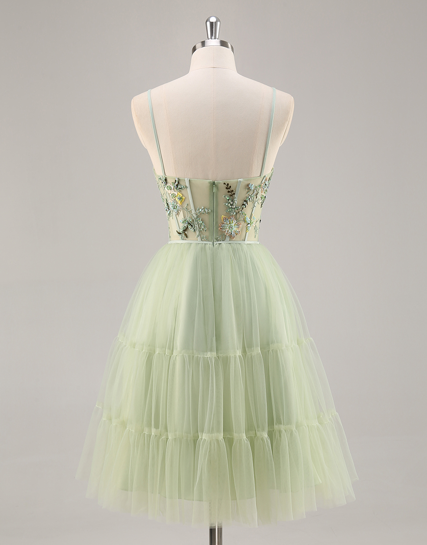 Green Floral Tulle Corset Short Homecoming Dress with Appliques