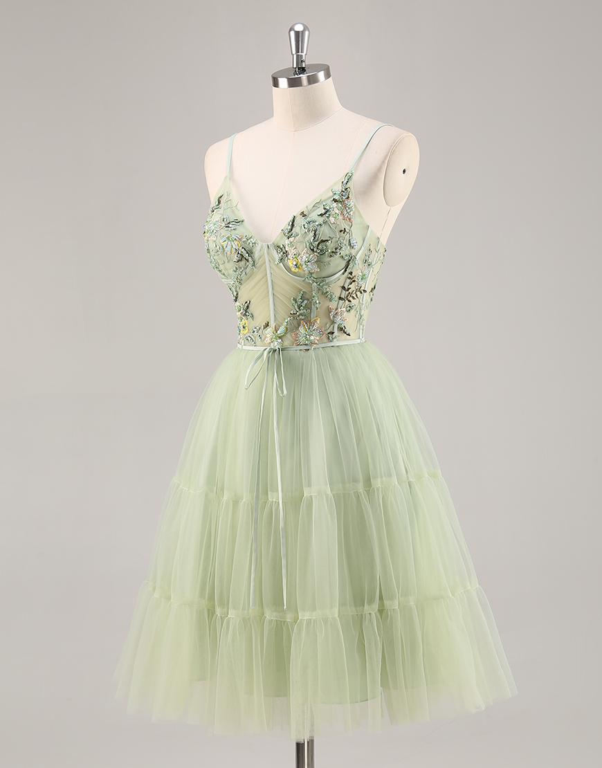 Green Floral Tulle Corset Short Homecoming Dress with Appliques