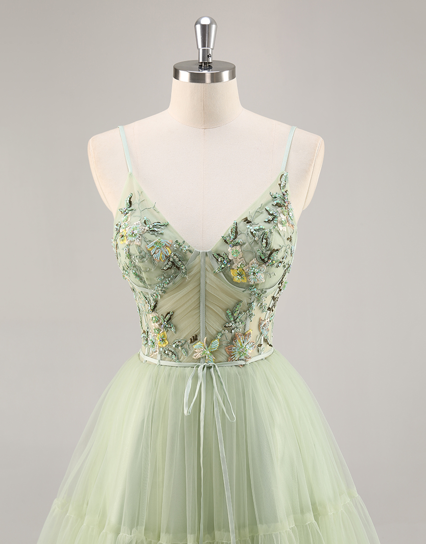 Green Floral Tulle Corset Short Homecoming Dress with Appliques