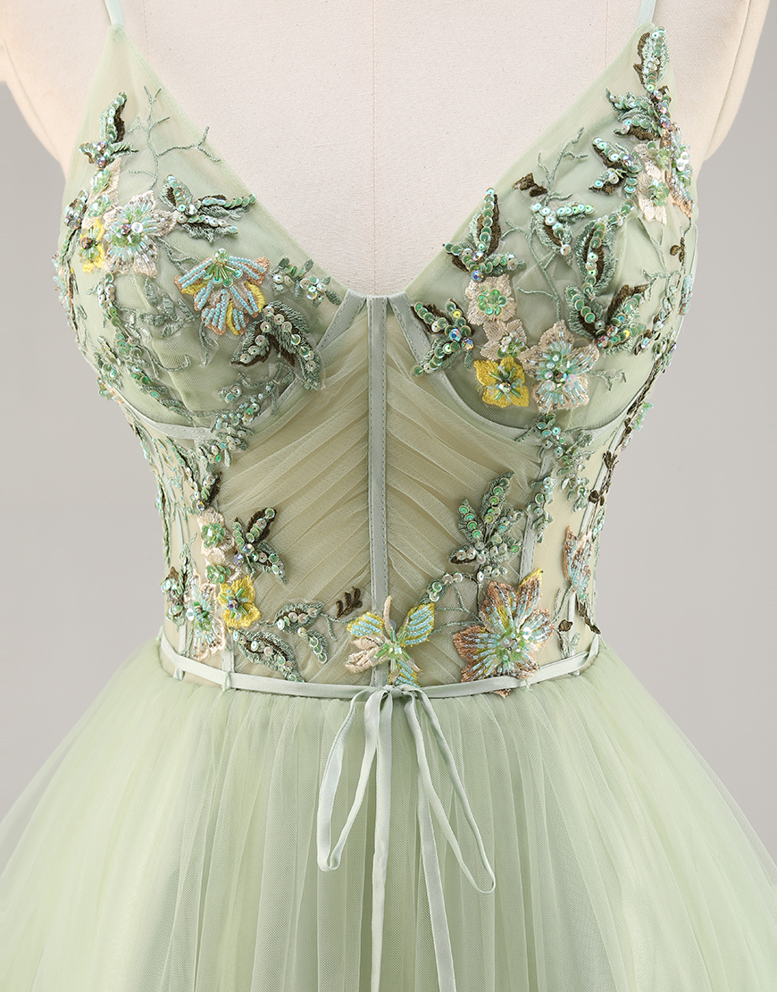 Green Floral Tulle Corset Short Homecoming Dress with Appliques