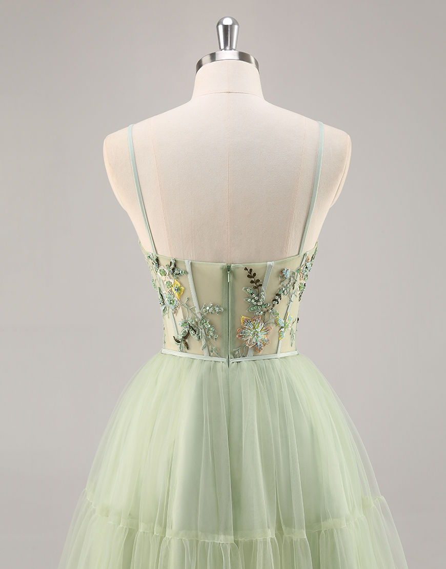 Green Floral Tulle Corset Short Homecoming Dress with Appliques