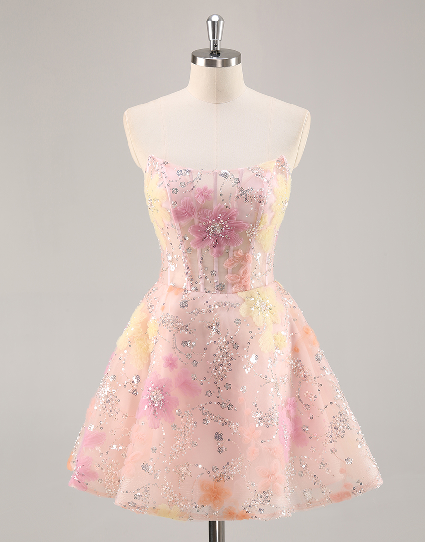 Sparkly Pink Floral Corset Strapless Short Homecoming Dress with Beading