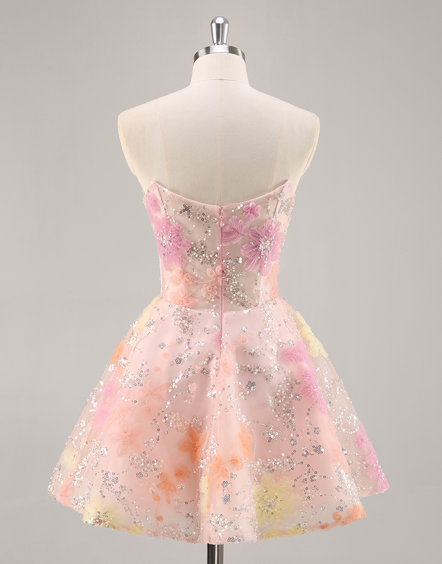 Sparkly Pink Floral Corset Strapless Short Homecoming Dress with Beading