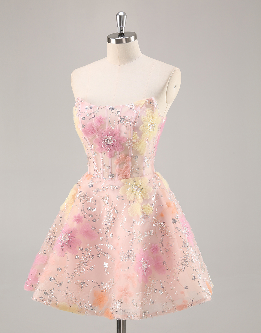 Sparkly Pink Floral Corset Strapless Short Homecoming Dress with Beading