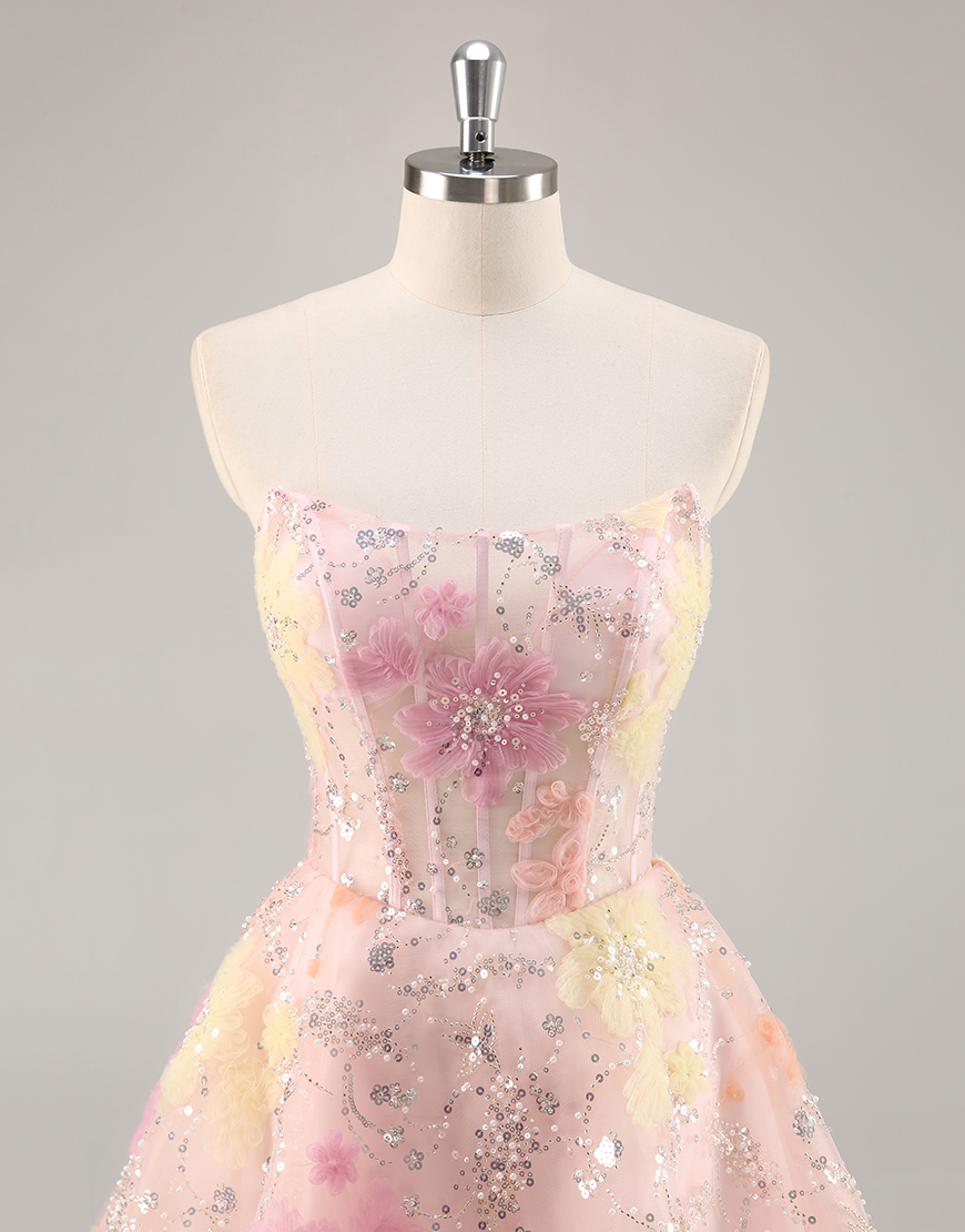 Sparkly Pink Floral Corset Strapless Short Homecoming Dress with Beading