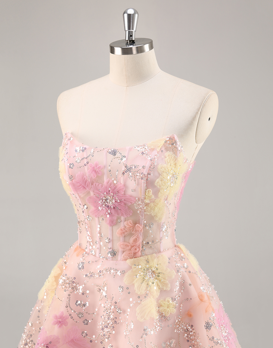 Sparkly Pink Floral Corset Strapless Short Homecoming Dress with Beading