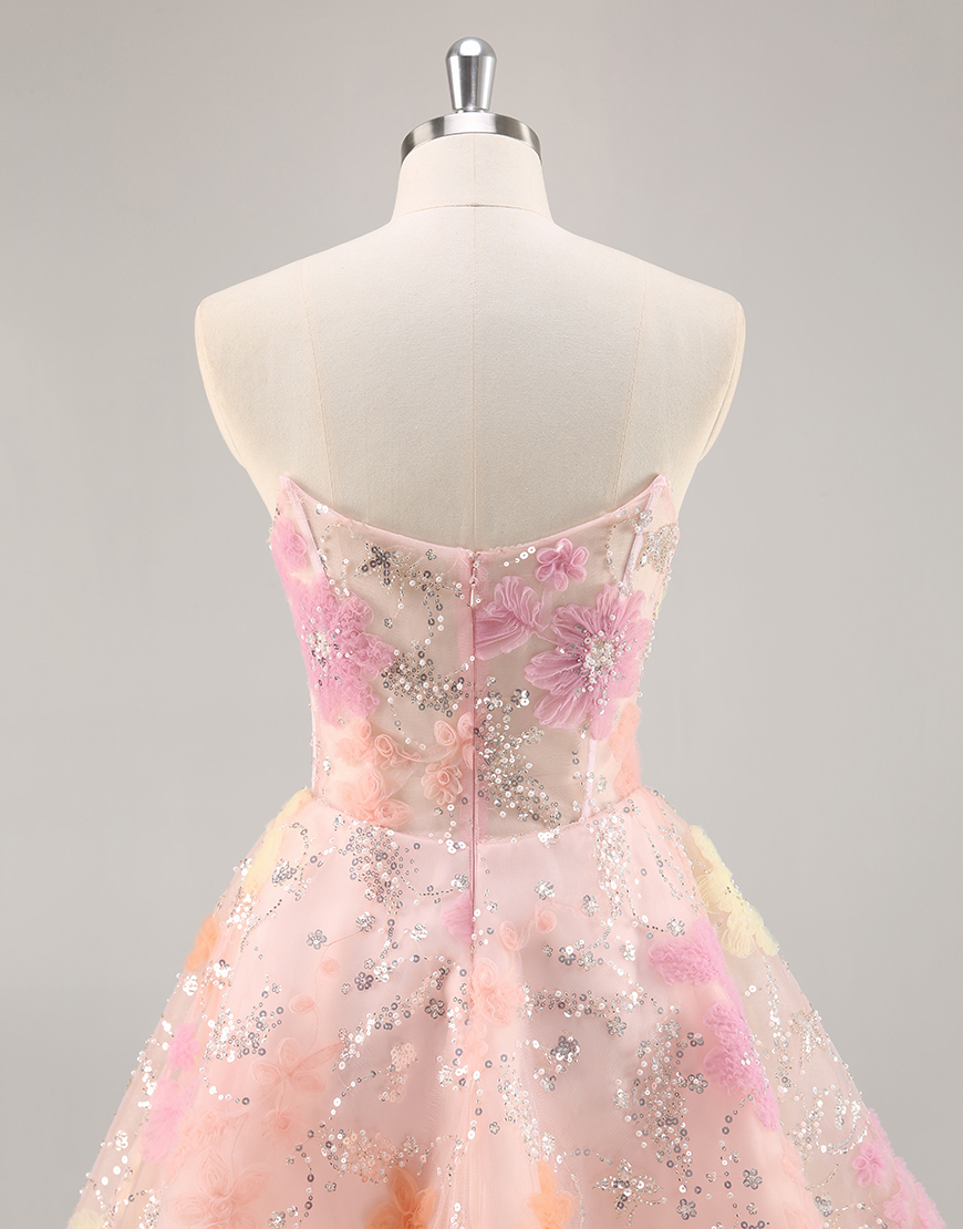 Sparkly Pink Floral Corset Strapless Short Homecoming Dress with Beading