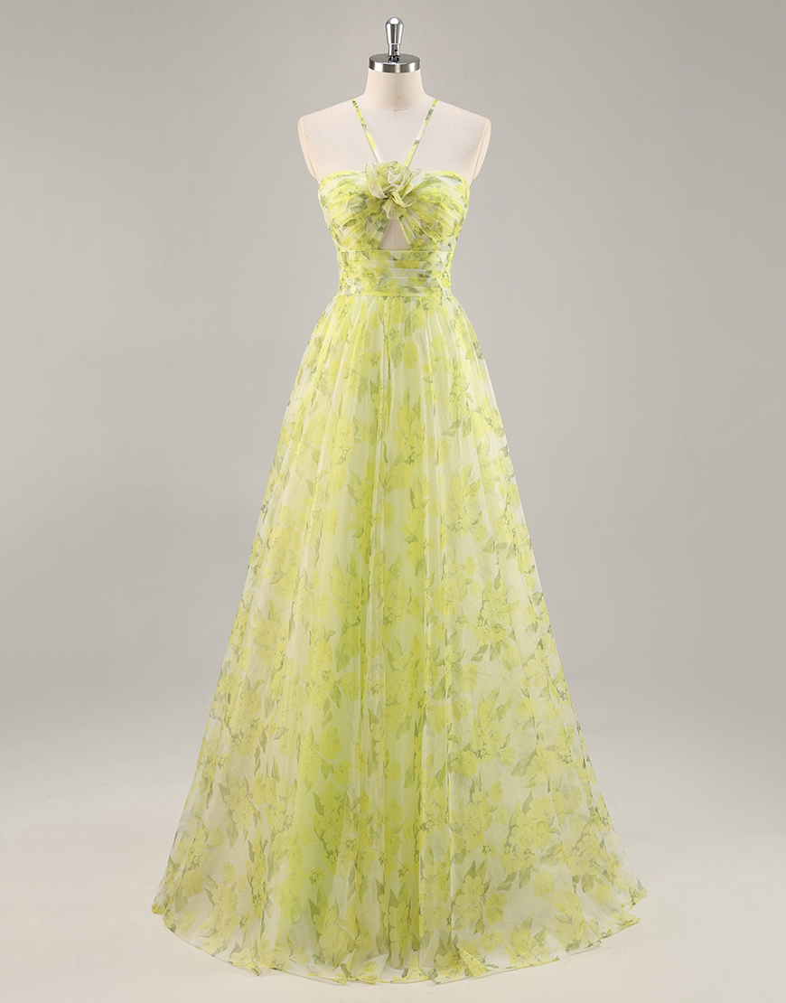 Yellow Green Floral A Line Tulle Long Prom Dress with Keyhole